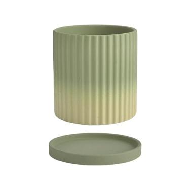 Imagem de XINCHANG Vasos de cerâmica para plantas internas/externas, vaso de cerâmica com orifício de drenagem e cilindro de pires, vaso redondo (verde matcha listrado 15 * 15 cm)