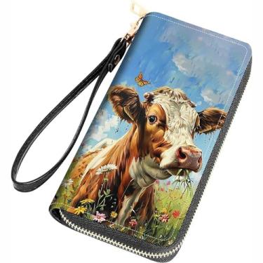 Imagem de FQTBCEARI Carteira feminina com estampa de Filipenses 4 a 13 com citações cruzadas de couro PU com zíper bolsa clutch para smartphone/cartão/moeda/dinheiro, Vaca artística em aquarela