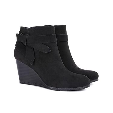Imagem de Coutgo Botas femininas anabela, nó amarrado, cano baixo, salto empilhado, lateral com zíper lateral, Preto, 7