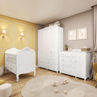 Imagem de Quarto de Bebê Completo com Berço Mini Cama Guarda-Roupa e Cômoda 100 MDF Elô New Móveis Peroba - Branco Brilho