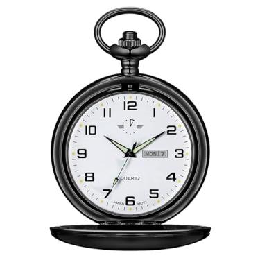 Imagem de BOSHIYA Relógios de bolso masculinos de quartzo suave, clássico, árabe, digital, luminoso, mostrador e data, relógio de bolso com corrente, presentes de aniversário de formatura de Natal, Preto liso,