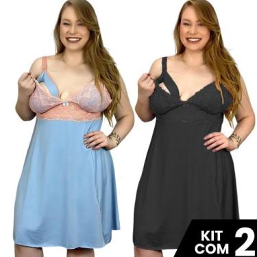 Imagem de Kit 2 Camisolas  Plus Size  Amamentação Renda Pós Parto Lisa Maternida