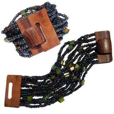 Imagem de Pulseira Bali com contas de bronze arco-íris esverdeado com fecho de fivela de madeira dura - 14 fios elásticos com conchas, 8 inches