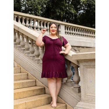 Imagem de Vestido Curto Plus Size Lacinho Drapeado no Decote - luh may, Vinho, G