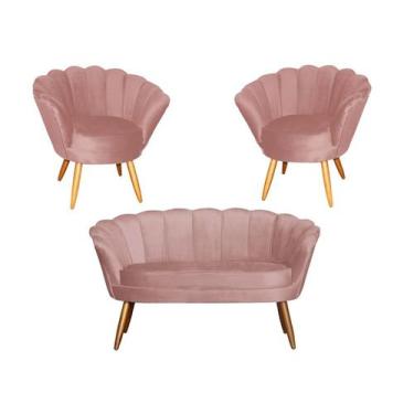 Imagem de Kit Namoradeira + 2 Poltronas Decorativa Pétala Veludo Rosa Pés Madeir
