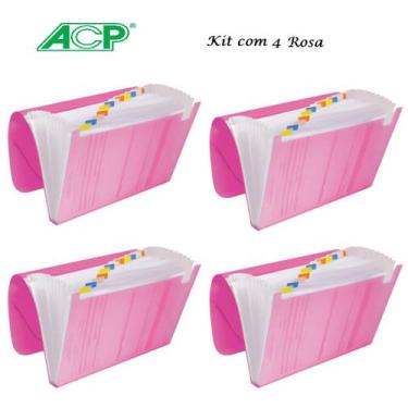 Imagem de Pasta Sanfonada Plastica A4 12 Div. Rosa Kit c/4 Pcs ACP