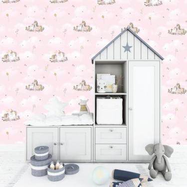 Imagem de Papel de Parede Rosa Unicórnio nas Nuvens - Rolo com 10 Metros  Decora