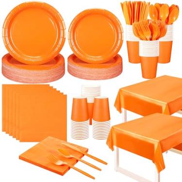 Imagem de Qilery 282 peças de utensílios de mesa completos para festa laranja incluem pratos de papel, copos, guardanapos, garfos, facas, colheres, conjunto de toalhas de mesa descartáveis para festa de