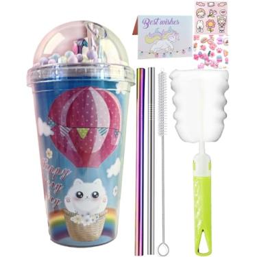 Imagem de seelucky Copo de viagem unicórnio com canudo brilhante copo de gelo freezer caneca copo de plástico piquenique festa presente de aniversário (gato balão de ar quente 1, 450 ml)