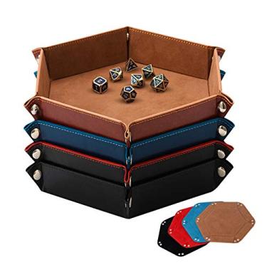 Imagem de SHYVIA Bandeja de dados para RPG DND Jogos de mesa, suporte de dados de metal, caixa de armazenamento de dados, tamanho grande, dupla face, dobrável, couro PU e veludo, 4 peças