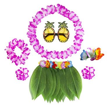 Imagem de PHOGARY Kit de acessórios para fantasia de saia havaiana de folha de flor havaiana para festa de luau no Havaí com estilo havaiano, clipe de cabelo de hibisco, óculos de sol de abacaxi para meninos e