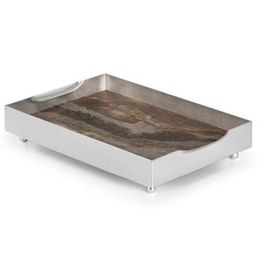 Imagem de Bandeja Galeria Lisa Retangular Grande Prata com Fundo de Pedra Multic
