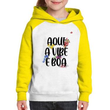 Imagem de Moletom Infantil Aqui a vibe é boa - Foca na Moda, Branco, Amarelo, 8
