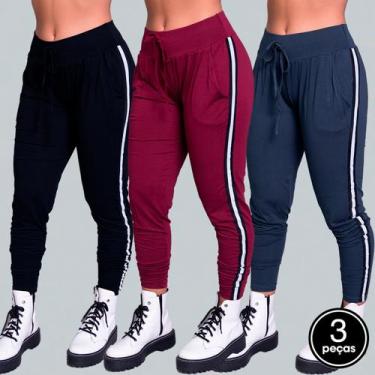 Imagem de Kit 3 Calças Ribana Feminina Com Listra Lateral Casual - Bella Fiore M