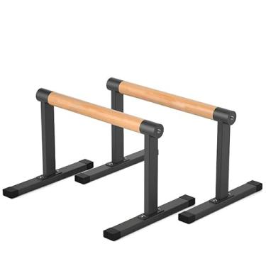 Imagem de Bounabay Barra paralela de madeira de 11,8 "de altura e barra de mergulho com alças grossas de faia, barra de flexão, equipamento de fitness sem pedras para parada de mão, l-sit, ginástica,