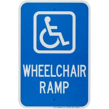 Imagem de Brady 91363 30,48 cm largura x 45,72 cm altura B-959 alumínio reflexivo, placa branca sobre azul para deficientes, legenda "rampa de cadeira de rodas" (com imagem)