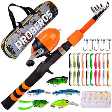 Imagem de PROBEROS Vara de Pesca Infantil-Kit Combinado de Vara de Pesca Telescópica Portátil E Carretel-Carretel de Pesca Spincast Varas de Fundição com Iscas, Linhas, Caixa de Equipamentos E Bolsa para Menino