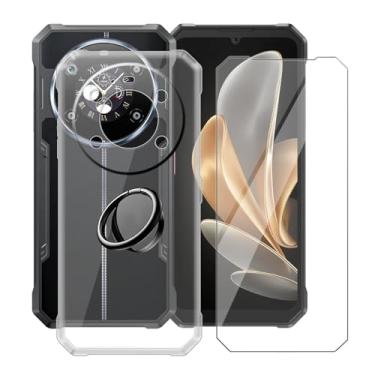 Imagem de YQINHHME Capa transparente para Fossibot F109 5G (6,7 polegadas) com 1 x vidro temperado + suporte de anel de metal para celular de 360°, capa fina de silicone macio de grau militar TPU à prova de