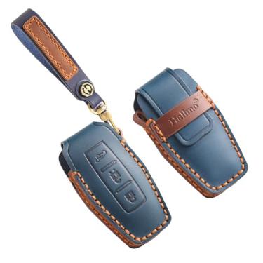 Imagem de HIBEYO Capa de chaveiro personalizável compatível com Mitsubishi Outlander 2022 2023 2024 Acessórios chaveiros personalizados de couro genuíno - D tipo azul