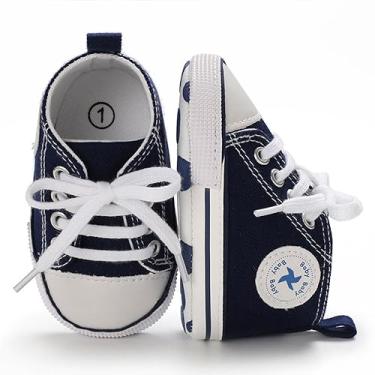 Imagem de Sapatos de lona para bebês recém-nascidos, meninas, meninos, sola macia, sem cadarço, mocassim infantil, cano alto, jeans, unissex, mocassim, A/azul-escuro, 0-6 Meses