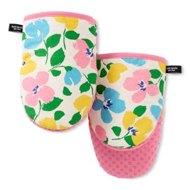 Imagem de Kate Spade New York Conjunto de 2 mini luvas de forno Painterly Bouquet, resistente ao calor, 100% algodão com aderência de silicone antiderrapante impressa, rosa/verde/azul, 14 x 20 cm