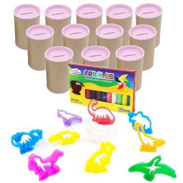 Imagem de Kit 12 Cofres Papelão 36 Cortadores Formato Dinossauros 2 Caixas de Massinha Modelar Lembrancinhas Aniversário Mundo Jurássico (Cofre Rosa bebe)