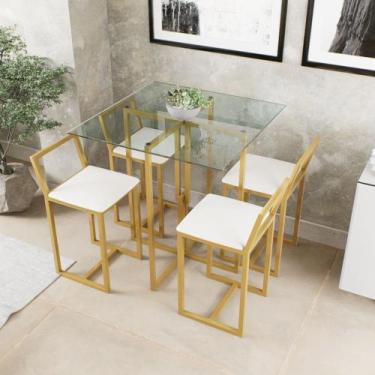 Imagem de Conjunto Mesa Vidro 4 Cadeiras Pequena Estofado Industrial Dourado - D