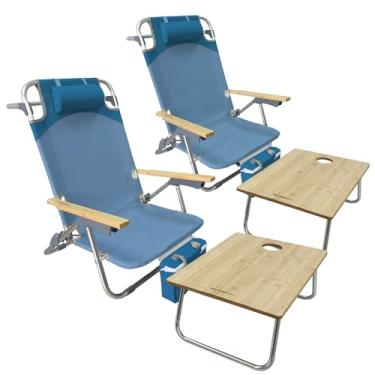 Imagem de WKFAMOUT Mochila dobrável de praia, pacote com 2 unidades, 5 posições com mesa de acampamento Samll de bambu, cadeira de descanso plana para adultos com bolsa térmica