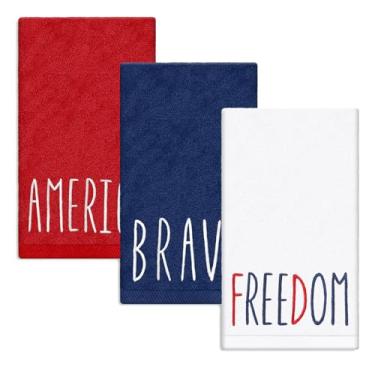 Imagem de JarThenaAMCS 3 peças de toalhas de mão patrióticas vermelho azul branco palavras bordadas toalhas de banho toalhas de prato de algodão para o dia da independência 4 de julho, 75 x 34 centímetros