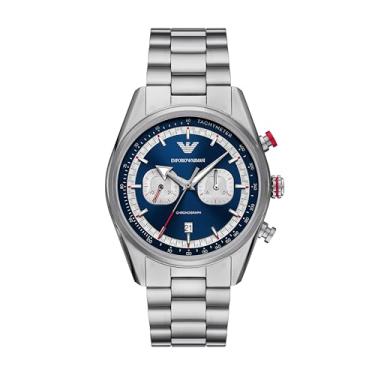 Imagem de Emporio Armani Relógio cronógrafo masculino com pulseira de aço inoxidável ou couro; relógio social masculino, Mostrador prata/azul, Racer