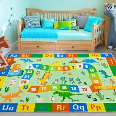 Imagem de Lacomfy Tapete infantil de dinossauro 10 x 1,8 m - Tapete de quarto ABC - Tapete educacional para sala de aula com número do alfabeto, design de animal fofo, tapete para meninos e meninas, carros