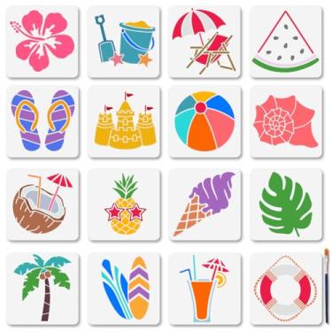 Imagem de MAYJOYDIY Conjunto de estêncil de praia de verão, 16 peças, estêncil de melancia, suco de coco para pintura, boia salva-vidas, boia salva-vidas, modelos de artesanato com pincel de pintura para janela