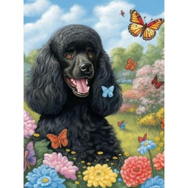 Imagem de Pintura de diamante DIY por números Poodle preto no jardim de flores broca completa diamante redondo bordado ponto cruz mosaico cristal strass artes e artesanato kits de arte em mosaico 30 x 40 cm