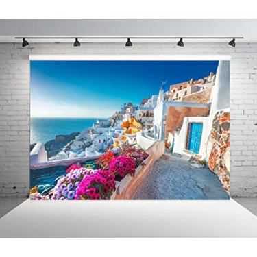 Imagem de BELECO Tecido de 2,7 x 1,8 m Grécia Ilha Santorini Pano de Fundo Casas Brancas Arquitetura Romântico Mar Egeu Flores Desabrochando Fundo para Fotografia de Aniversário Casamento Decorações de Festa