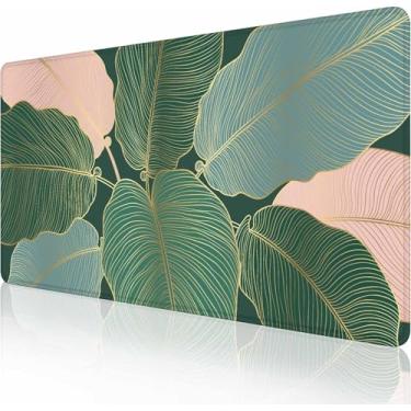 Imagem de Mouse pad grande para jogos estendido com bordas costuradas, base de borracha antiderrapante para escritório, computador, teclado, laptop e mesa de casa, 90 x 40 cm, arte de linha de folhas verdes