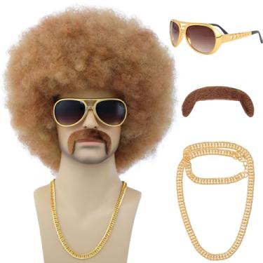 Imagem de morvally Conjunto De 4 Peças Para Homens, Estilo Cosplay Dos Anos 70, Peruca Afro Curta Preta, Colar Dos Anos 70, Óculos E Bigode Masculinos, Perucas Cacheadas Retrô Disco Rocker Dos Anos 70 E 80 (L