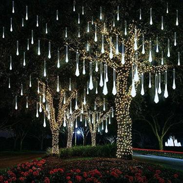 Imagem de Luzes de chuva, luzes de chuva em cascata, 30 cm 8 tubos à prova d'água luzes de gota de chuva decorativas de jardim para festa casamento ao ar livre árvore de Natal decorativa (branco)