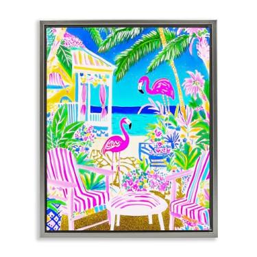 Imagem de Stupell Industries Arte de parede em tela flutuante com moldura cinza de flamingos vívidos na praia tropical, design por Jess Stempel, 64 x 78 cm