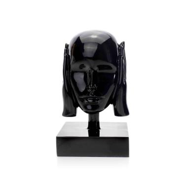 Imagem de Escultura Máscara Rosto Surdo Em Cerâmica Preto 25x15 Cm - D'rossi