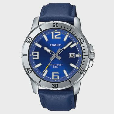 Imagem de Relógio casio masculino prata couro azul MTP-VD01L-2BVUDF