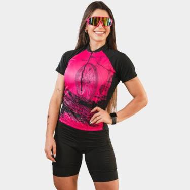 Imagem de Camisa de Ciclismo Feminina Bike Roda Rosa Pro Manga Curta Proteção Uv