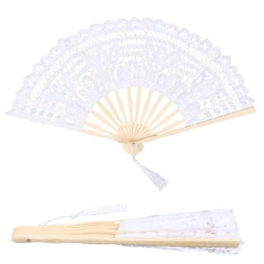 Imagem de GORGECRAFT Ventoinha dobrável de renda branca de algodão dobrável com bastões de bambu e borlas de seda bordadas de noiva portátil para festa, casamento, Halloween, cosplay, fantasia, decoração de