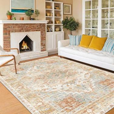 Imagem de Tapetes laváveis Boho antiderrapante resistente a manchas Tapete fino vintage laranja estampado oriental envelhecido 15 x 23 para sala de estar quarto pilha baixa