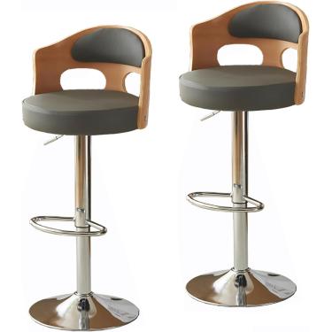 Imagem de Bancos De Bar De Metal De Design Artístico, Encosto De Madeira Maciça Envolvida, Banco Giratório De Assento De Couro, Bancos De Ilha De Cozinha Elevatórios Para Sala De, Grey, Cowhide 2pcs