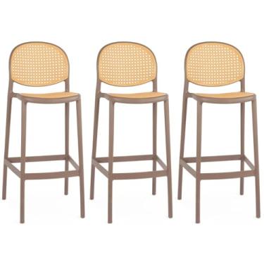 Imagem de Kit 3 Banqueta Alta com Encosto Roma em Polipropileno Cozinha/bancada - Marrom Claro