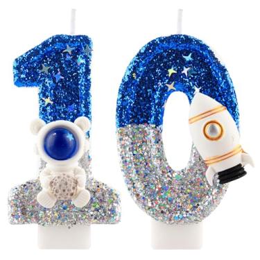 Imagem de Vela de aniversário de 10 anos com glitter astronauta espacial número 10 velas azul prata topo de bolo decorações vela feliz aniversário para meninas, meninos, artigos de festa de aniversário