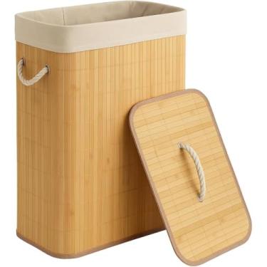 Imagem de Cesto para Roupa Suja 72L Dobrável com Alça de Bambu 40x30x60cm Organizador Resistente