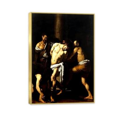 Imagem de Zeichn8u A Flagelação de Cristo por Caravagio famosa impressão de arte em tela famosa reprodução de pintura barroca melhora a decoração de sua casa ou escritório Moldura dourada de 100 x 70 cm (39 x
