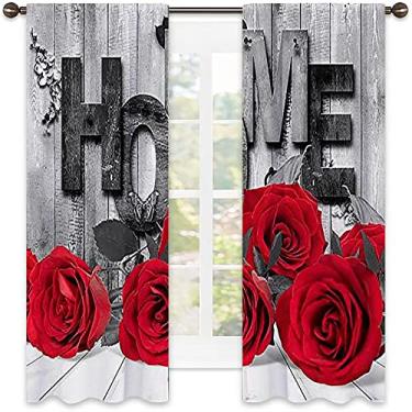 Imagem de Cortinas blecaute com bolso de haste para quarto de flor, floral elegante, rosa vermelha romântica em quadro cinza rústico, tecido impermeável, para sala de estar ou quarto, L 132 x C 213 cm vermelho