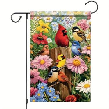 Imagem de Starlit Patio Bandeira de jardim de primavera, pássaros coloridos e flores silvestres 30,5 x 45,7 cm, faixa dupla face, decoração sazonal para varanda, gramado, pátio, casa de verão, natureza, amantes